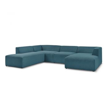 Colțar modular albastru închis cu tapițerie din catifea reiată (cu colț pe partea stângă/în formă de 