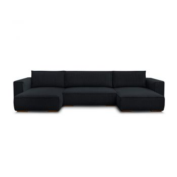 Colțar negru extensibil/cu spațiu de depozitare cu tapițerie din catifea reiată (în formă de 