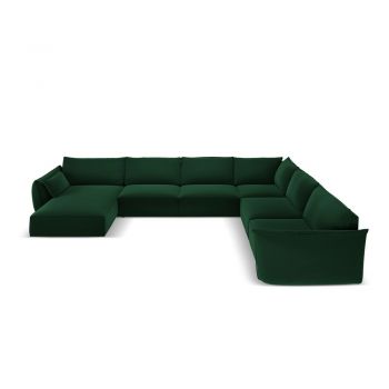 Colțar verde închis cu tapițerie din catifea (cu colț pe partea dreaptă, în formă de 