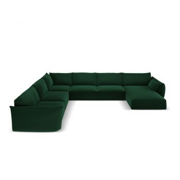 Colțar verde închis cu tapițerie din catifea (cu colț pe partea stângă, în formă de 