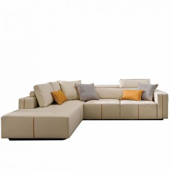 Coltar fix tapitat cu piele ecologica, cu sezlong pe stanga Laurence Crem, l307xA229xH73 cm Coltar fix tapitat cu piele ecologica, cu sezlong pe stanga Laurence Crem, l307xA229xH73 cm