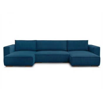 Colțar albastru extensibil/cu spațiu de depozitare cu tapițerie din catifea reiată (în formă de 