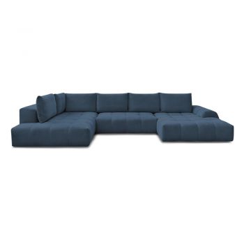 Colțar albastru închis extensibil/cu spațiu de depozitare cu tapițerie din chenille (cu colț pe partea stângă/în formă de 