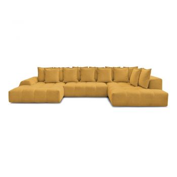 Colțar galben muștar extensibil/cu spațiu de depozitare cu tapițerie din chenille (cu colț pe partea dreaptă/în formă de 