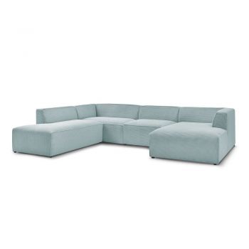 Colțar modular albastru deschis cu tapițerie din catifea reiată (cu colț pe partea stângă/în formă de 