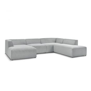 Colțar modular gri deschis cu tapițerie din catifea reiată (cu colț pe partea dreaptă/în formă de 