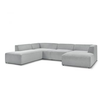 Colțar modular gri deschis cu tapițerie din catifea reiată (cu colț pe partea stângă/în formă de 
