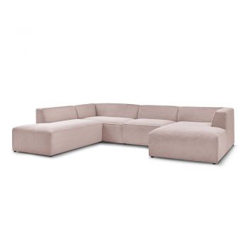 Colțar modular roz cu tapițerie din catifea reiată (cu colț pe partea stângă/în formă de 