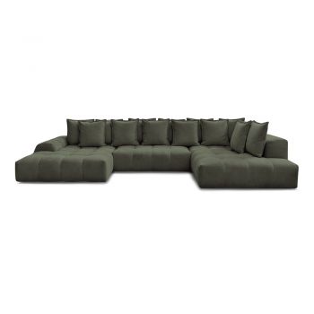 Colțar verde extensibil/cu spațiu de depozitare cu tapițerie din chenille (cu colț pe partea dreaptă/în formă de 