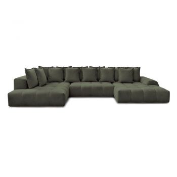Colțar verde extensibil/cu spațiu de depozitare cu tapițerie din chenille (cu colț pe partea stângă/în formă de 