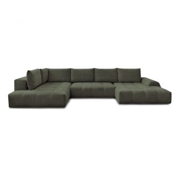 Colțar verde extensibil/cu spațiu de depozitare cu tapițerie din chenille (cu colț pe partea stângă/în formă de 