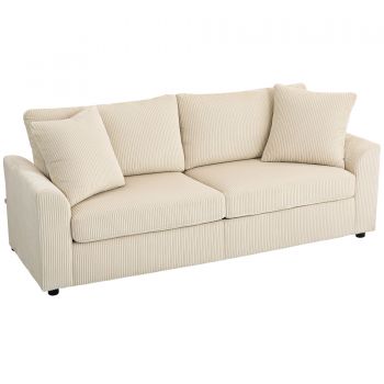 HOMCOM Canapea 3 Locuri din Catifea Reiată cu 2 Perne, 212x80x88 cm, Crem | Aosom Romania