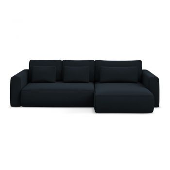 Colțar albastru închis extensibil/cu spațiu de depozitare cu tapițerie din catifea (cu colț pe partea dreaptă/cu șezlong) Kapua – Makamii