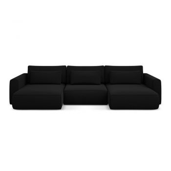 Colțar negru extensibil/cu spațiu de depozitare cu tapițerie din catifea (în formă de 