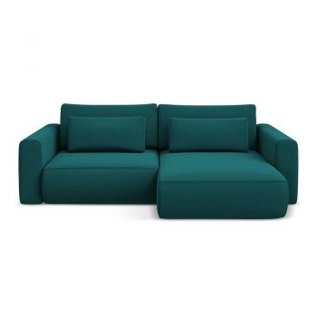 Colțar turcoaz extensibil/cu spațiu de depozitare cu tapițerie din catifea (cu colț pe partea dreaptă/cu șezlong) Kapua – Makamii