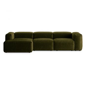 Colțar verde cu tapițerie din catifea reiată (cu colț pe partea stângă/cu șezlong) Bergano – Cosmopolitan Design