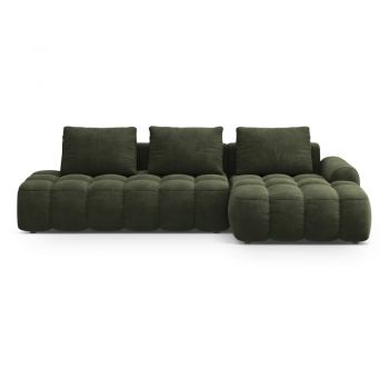 Colțar verde extensibil/cu spațiu de depozitare cu tapițerie din catifea (cu colț pe partea dreaptă/cu șezlong) Linz – Cosmopolitan Design