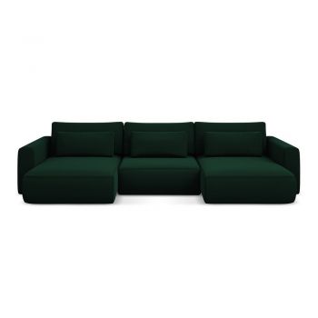 Colțar verde extensibil/cu spațiu de depozitare cu tapițerie din catifea (în formă de 