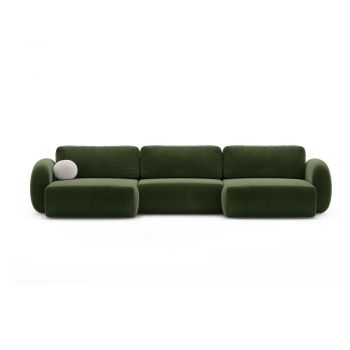 Colțar verde extensibil/cu spațiu de depozitare cu tapițerie din catifea (în formă de 