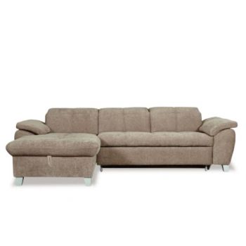 Coltar Extensibil Cu Insula Stanga Sevilia Lux, Lada Depozitare,5 Locuri, Tetiere Reglabile, Maro Deschis, 272 Cm