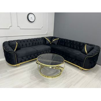 Colțar fix Luxury Velvet Black & Gold personalizabil pe culori, masa de cafea nu eate incusa in pret