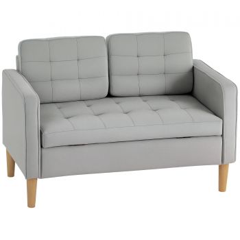 HOMCOM Canapea cu Două Locuri cu Spațiu de Depozitare, Butoniera, Perne, Lemn de Cauțiuc, 117x62x78 cm, Gri Deschis | Aosom Romania
