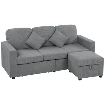 HOMCOM Divan 3 Locuri cu Pouf de Depozitare din Velur cu Nervuri 196x139x85 cm, Gri | Aosom Romania
