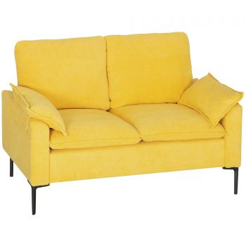 HOMCOM Divan cu Două Locuri Îmbunătățit în Material Textil de Tip Spugna cu Perne Detașabile, Divan Compact Modern cu Brațe și Picioare Metalice pentru Sufragerie, Dormitor, 130x77x84 cm, Galben | Aosom Romania