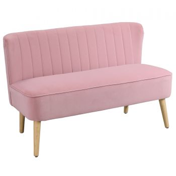Sofa 2 locuri din stofa HOMCOM Canapea tapitata Canapea dubla Mobilier de living Canapea din lemn Material textil moale Spuma de poliester Roz 117 x 56,5 x 77 cm | Aosom Romania