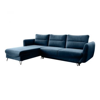 Colțar albastru extensibil/cu spațiu de depozitare cu tapițerie din catifea (cu colț pe partea stângă/cu șezlong) Silva – ELTAP
