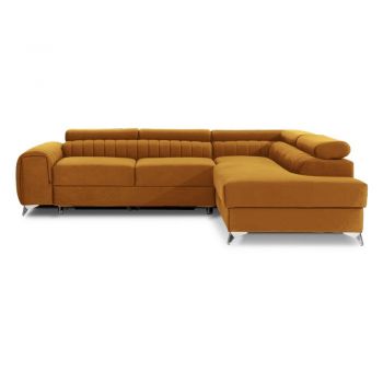 Colțar galben extensibil/cu spațiu de depozitare cu tapițerie din catifea (cu colț pe partea dreaptă/în formă de ”L”) Laurence – ELTAP