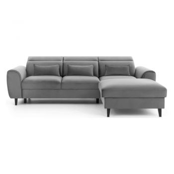 Colțar gri extensibil/cu spațiu de depozitare cu tapițerie din catifea (cu colț pe partea dreaptă/cu șezlong) Foble – ELTAP