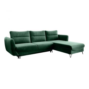 Colțar verde extensibil/cu spațiu de depozitare cu tapițerie din catifea (cu colț pe partea dreaptă/cu șezlong) Silva – ELTAP