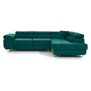 Colțar verde extensibil/cu spațiu de depozitare cu tapițerie din catifea (cu colț pe partea dreaptă/în formă de ”L”) Anton – ELTAP