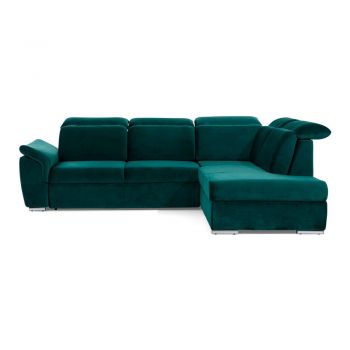 Colțar verde extensibil/cu spațiu de depozitare cu tapițerie din catifea (cu colț pe partea dreaptă/în formă de ”L”) Loreto – ELTAP