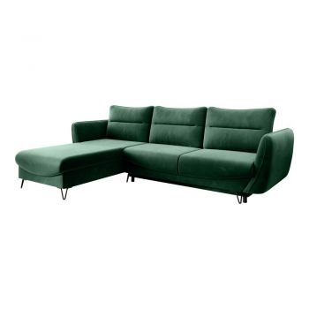 Colțar verde extensibil/cu spațiu de depozitare cu tapițerie din catifea (cu colț pe partea stângă/cu șezlong) Silva – ELTAP