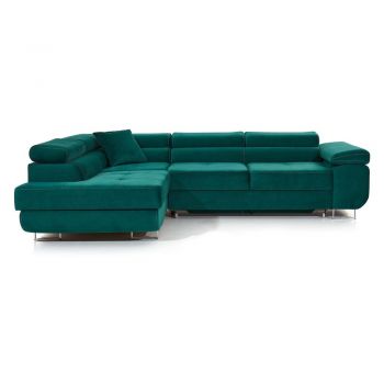 Colțar verde extensibil/cu spațiu de depozitare cu tapițerie din catifea (cu colț pe partea stângă/în formă de ”L”) Anton – ELTAP