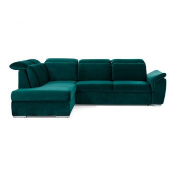 Colțar verde extensibil/cu spațiu de depozitare cu tapițerie din catifea (cu colț pe partea stângă/în formă de ”L”) Loreto – ELTAP