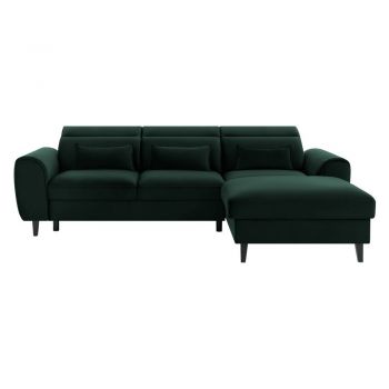 Colțar verde închis extensibil/cu spațiu de depozitare cu tapițerie din catifea (cu colț pe partea dreaptă/cu șezlong) Foble – ELTAP