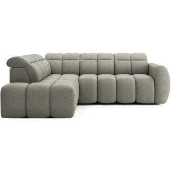 Colțar verde prăfuit extensibil/cu spațiu de depozitare cu tapițerie din țesătură bouclé (cu colț pe partea stângă/în formă de ”L”) Falconn – ELTAP