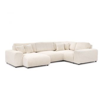 Colțar crem cu tapițerie din catifea reiată (cu colț pe partea dreaptă/în formă de 