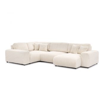 Colțar crem cu tapițerie din catifea reiată (cu colț pe partea stângă/în formă de 