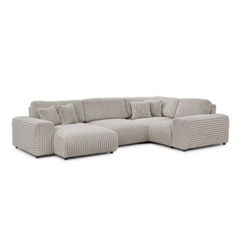 Colțar gri deschis cu tapițerie din catifea reiată (cu colț pe partea dreaptă/în formă de 