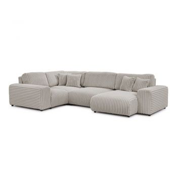 Colțar gri deschis cu tapițerie din catifea reiată (cu colț pe partea stângă/în formă de 