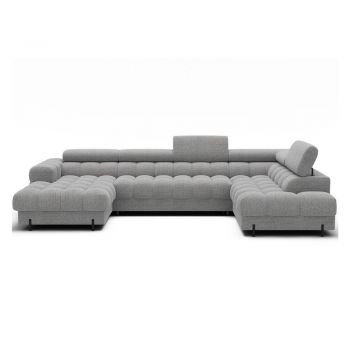 Colțar gri extensibil cu tapițerie din țesătură bouclé (cu colț pe partea dreaptă/în formă de 