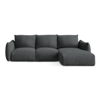 Colțar gri închis extensibil cu tapițerie din chenille (cu colț pe partea dreaptă/cu șezlong) Leila – Makamii