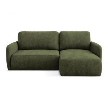 Colțar verde extensibil/cu spațiu de depozitare cu tapițerie din chenille (cu colț pe partea dreaptă/cu șezlong) Lilo – Makamii