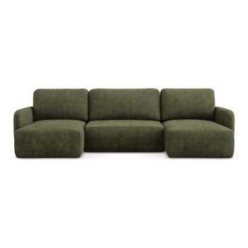 Colțar verde extensibil/cu spațiu de depozitare cu tapițerie din chenille (în formă de 