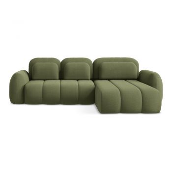 Colțar verde extensibil/cu spațiu de depozitare cu tapițerie din țesătură bouclé (cu colț pe partea dreaptă/cu șezlong) Pele – Makamii
