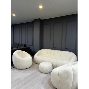 set Cloud Chic – canapea +2 fotolii +taburet din stofă bouclé crem